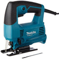 Makita jigsaw saw with a teal and black body, shown on a white background with a metal blade bit in front.