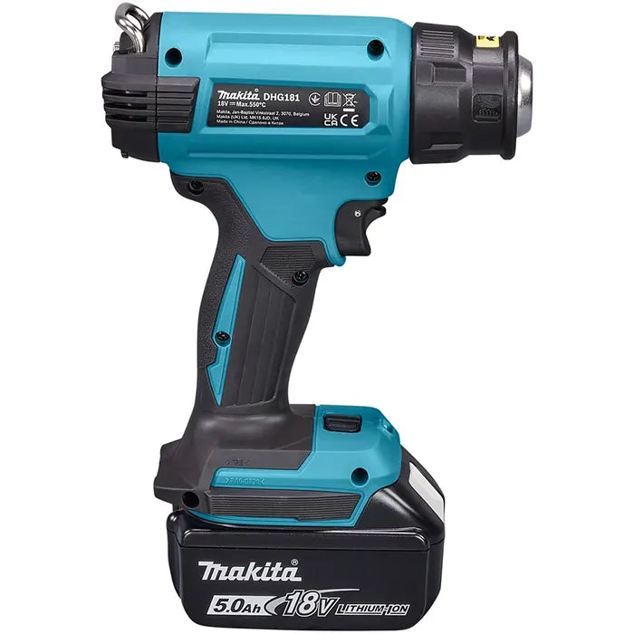 Makita cordless hot gun with a black and teal battery pack, shown on a solid white background.