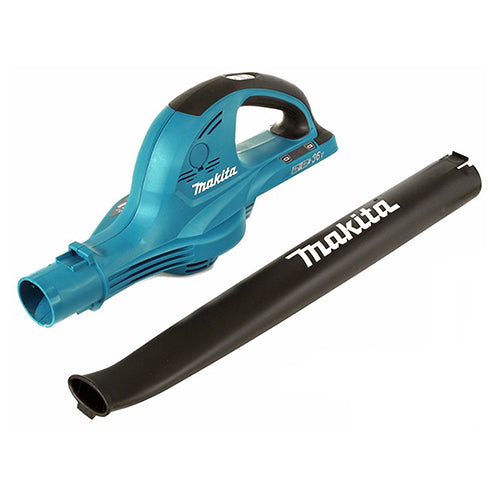 Blue and black Makita leaf blower with a detachable black nozzle on a white background
