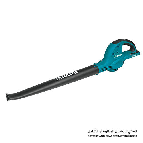 Makita 12V-24V cordless leaf blower with a black wand and teal-green handle, shown on a white background with Arabic and English text stating battery and charger are not included.