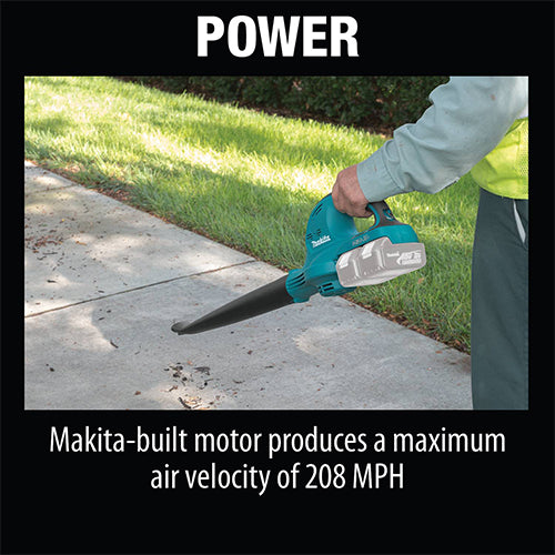 A cordless leaf blower being held outdoors by a person on a concrete sidewalk next to a grassy lawn. The image includes text overlays reading 'POWER' at the top and 'Makita-built motor produces a maximum air velocity of 208 MPH' at the bottom.