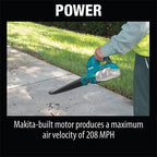 A cordless leaf blower being held outdoors by a person on a concrete sidewalk next to a grassy lawn. The image includes text overlays reading 'POWER' at the top and 'Makita-built motor produces a maximum air velocity of 208 MPH' at the bottom.