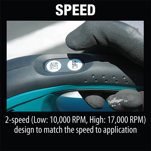 Close-up of a Makita leaf blower with speed control buttons and text about RPMs.