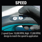 Close-up of a Makita leaf blower with speed control buttons and text about RPMs.