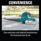 A Makita cordless leaf blower in teal and gray rests on a concrete patio outdoors, with a blurred lawn and trees in the background. Large text at the top reads 'CONVENIENCE' and text at the bottom says 'Zero emissions and reduced maintenance for increased ease of use.