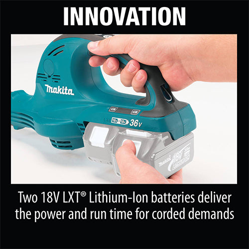 A close-up of a person holding a teal and black Makita cordless leaf blower while inserting a 18V LXT Lithium-ion battery, with text at the top reading 'INNOVATION' and text at the bottom describing the batteries.