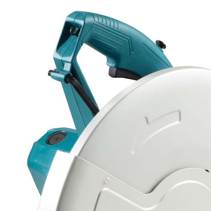 Close-up of a circular saw with a teal handle and a white blade guard against a plain white background.