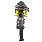 A heavy-duty industrial metal hole punch shown from a front-facing perspective against a solid white background. The tool features a dark gray cast metal body, a black ergonomic handle, bright yellow protective guard brackets, and a teal-colored top cap.