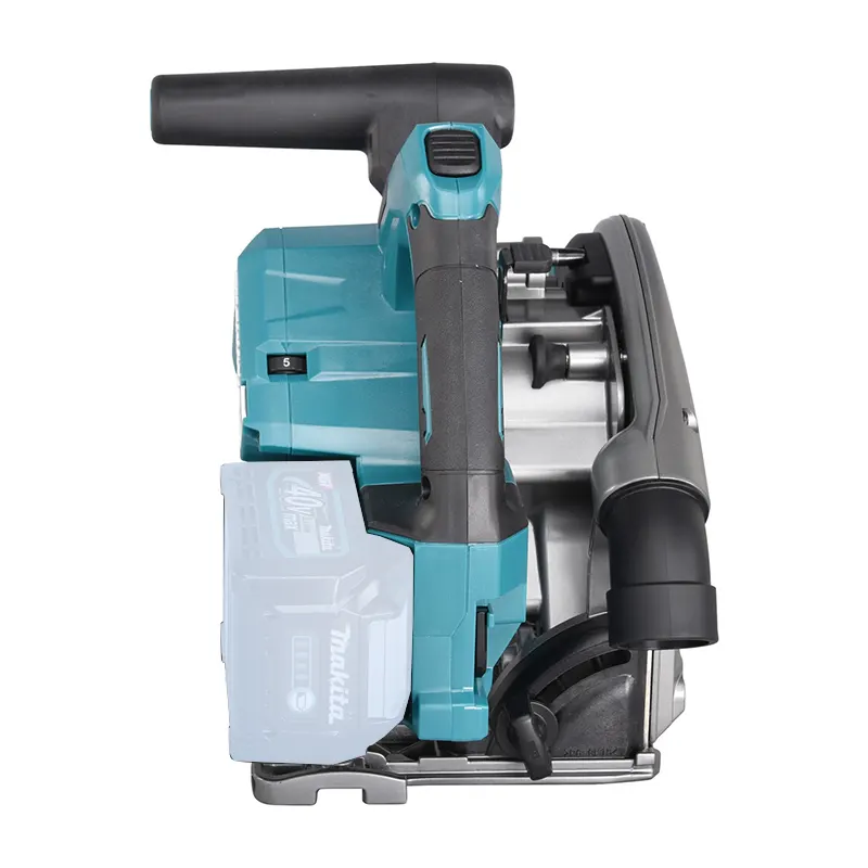 Makita cordless circular saw with a teal and gray body, black handle, and clear battery pack, shown on a white background.