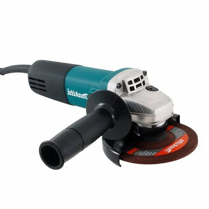 A Makita angle grinder with a black and teal body, a silver metal housing, a black protective guard, and a brown abrasive disc, shown on a plain white background.