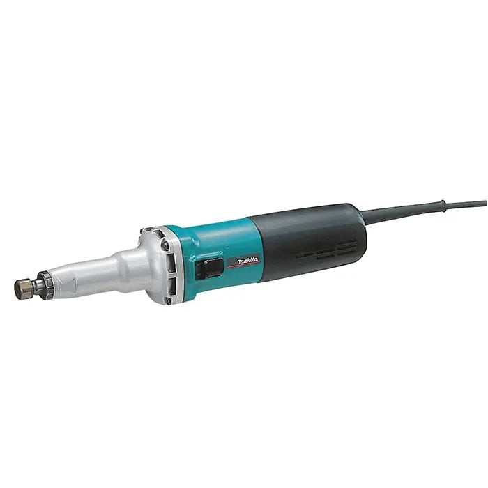 Makita Electric die grinder in teal and black grinder without top attachment on a white background.