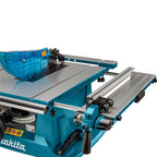 A Makita table saw with a teal blue body, silver metal table surface, and a translucent blue safety guard, shown on a clean white background.