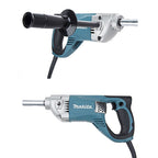 Two views of a Makita Paint Mixer Machine on a plain white background, showing the tool from different angles with its battery and power cord visible.