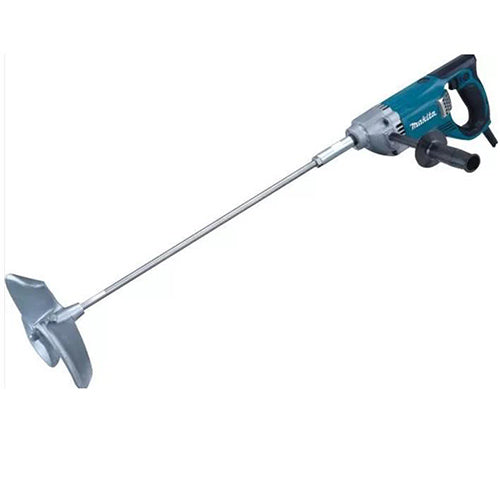 A Makita Paint Mixer Machine with a long silver metal shaft, a gray and silver blade, and a teal and black handheld power handle, shown on a plain white background.