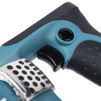 Close-up of a tactical-style gun accessory or grip component in matte teal blue and black, with a textured metallic silver element visible at the lower left, on a white background.