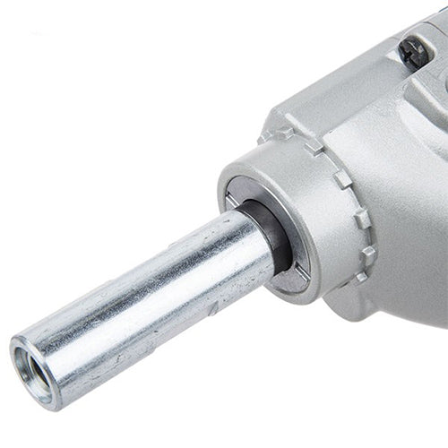 Close-up of a silver Makita Paint Mixer Machine attachment with a cylindrical chuck and a polished metal shank, shown against a plain white background.
