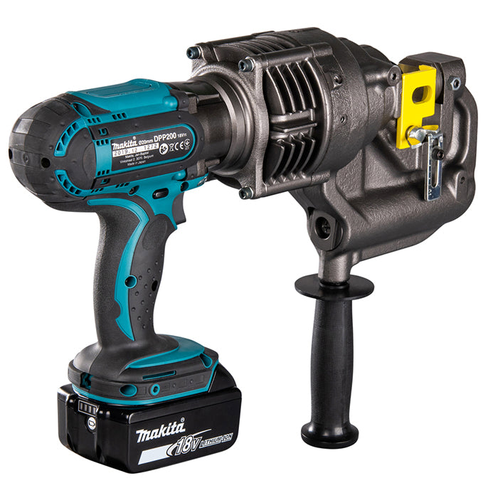 Makita Cordless Metal Hole Puncher, in teal, yellow and black colour on a white background