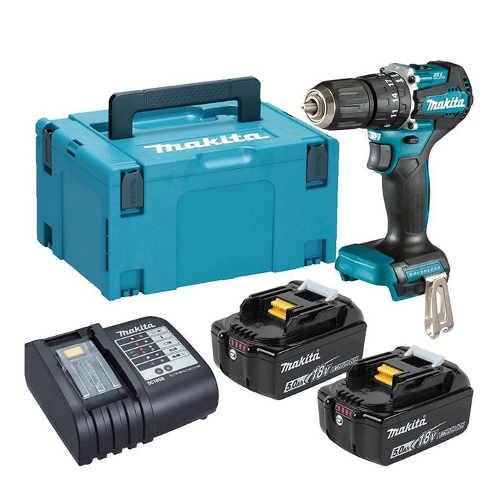 Makita DHP487RTJ 18V LXT Brushless Cordless Hammer Driver Drill, 13mm, 40Nm