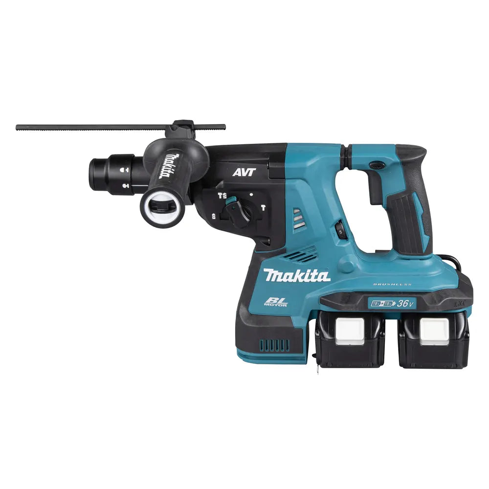 Makita cordless rotary hammer drill with a telescopic extension bar, shown in teal and black on a white background.