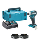 Makita cordless impact driver kit with a teal and black impact driver, matching hard case, battery charger, and two batteries on a white background.