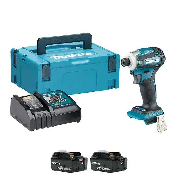 Makita cordless impact driver kit with a teal and black impact driver, matching hard case, battery charger, and two batteries on a white background.
