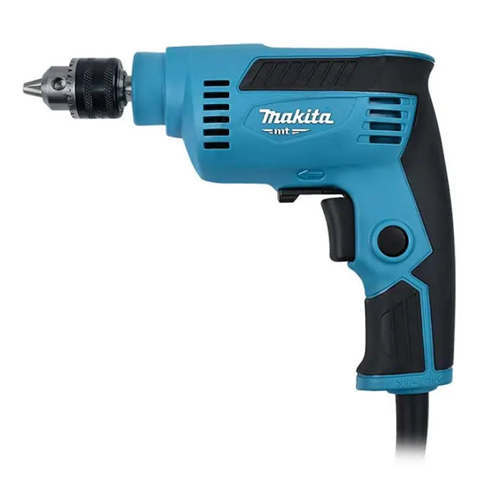 Makita drill driver with a blue and black body, shown from a side profile view on a white background.