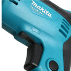 Close-up of a Makita drill showing the teal and black body with the Makita logo and a directional switch on a white background.