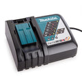 Makita battery charger with a green battery on a white background