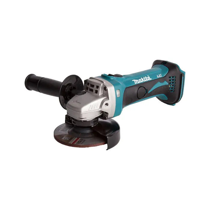 Makita cordless angle grinder with a black and silver body, teal accents, and a black disc attachment, shown on a plain white background.