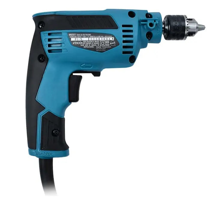 Makita drill with a blue and black plastic body, featuring a metal chuck at the front and a black power cord extending from the bottom, shown against a plain white background.