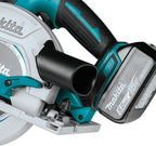 Closeup of Makita Cordless Circular Saw in teal and black colour on a white background. 