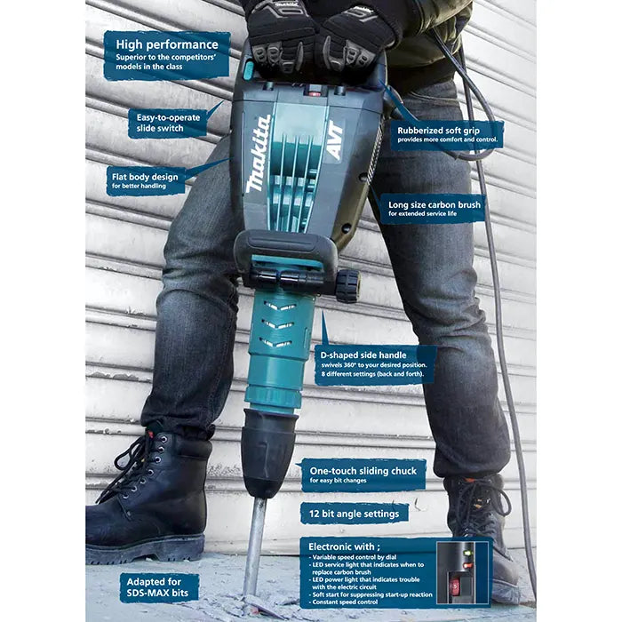 Makita Jack Hammer Machine, 1510W, 26 Joules, 950~1900 IPM, 12.3kg HM1214C