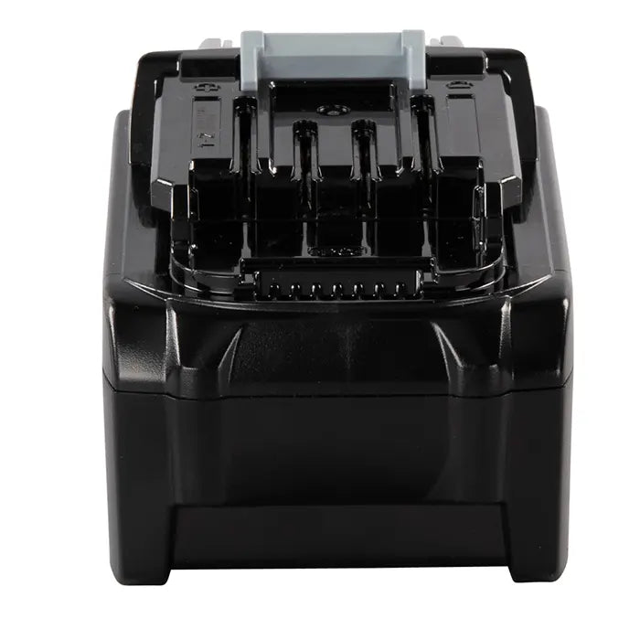A black cordless Makita battery pack with a gray top connector, photographed from a front-facing perspective on a solid white background.