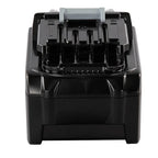 A black cordless Makita battery pack with a gray top connector, photographed from a front-facing perspective on a solid white background.
