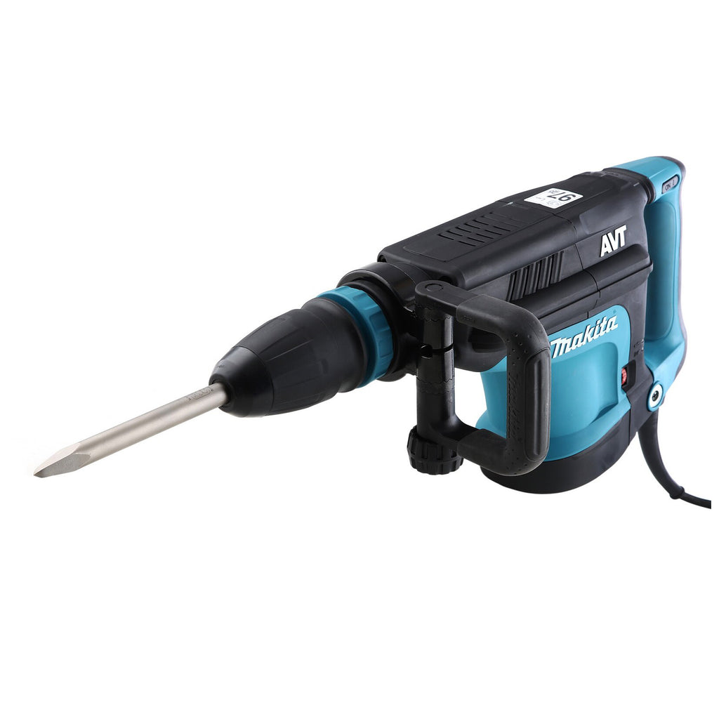 Makita Concrete Jack Hammer with a black and teal body, featuring a protective front guard and a metal drill bit, shown on a solid white background.