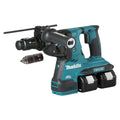 Makita cordless rotary hammer drill with a drill bit attachment and two battery packs, shown on a solid white background.