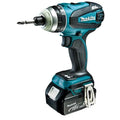 Makita cordless drill driver with a black and teal body, shown with a battery attached on a white background.