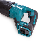 Close up view of teal and black Makita Cordless Recipro Saw's bottom side