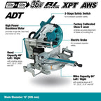 A labeled product infographic for a miter saw showing the saw itself with callout lines and text describing features such as 2-stage safety switch, high power brushless motor, factory calibrated class II laser, electric brake, bevel capacity, mitre capacity, and blade diameter.
