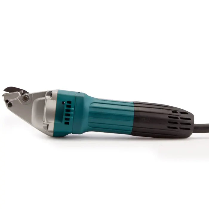 Makita Electric Metal Shear in teal and black colour with white makita logo in white background
