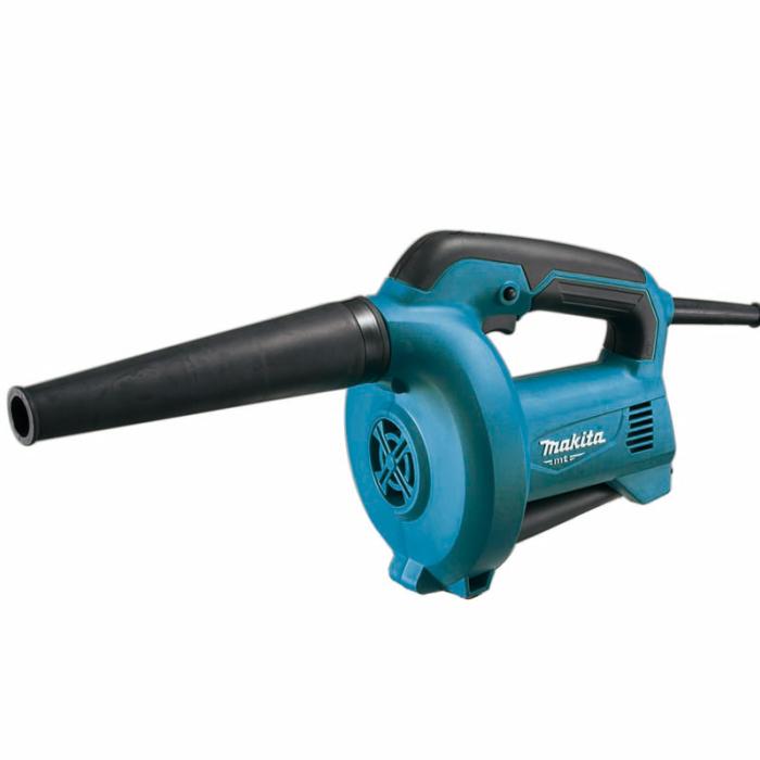 A Makita cordless electric dust blower with a teal blue body and black nozzle, handle, and cord, shown on a plain white background.