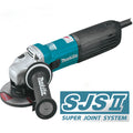 Makita angle grinder with a black and teal body, shown on a white background with an SJST Super Joint System logo overlay in the bottom right corner.