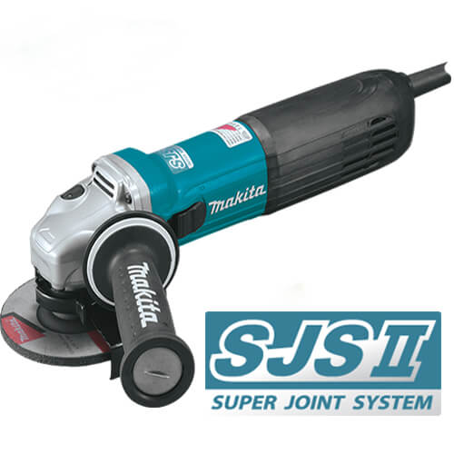 Makita angle grinder with a black and teal body, shown on a white background with an SJST Super Joint System logo overlay in the bottom right corner.