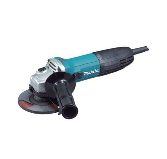 A Makita angle grinder with a black and teal body, silver motor housing, and a black protective guard, shown against a plain white background.