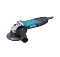 A Makita angle grinder with a black and teal body, silver motor housing, and a black protective guard, shown against a plain white background.