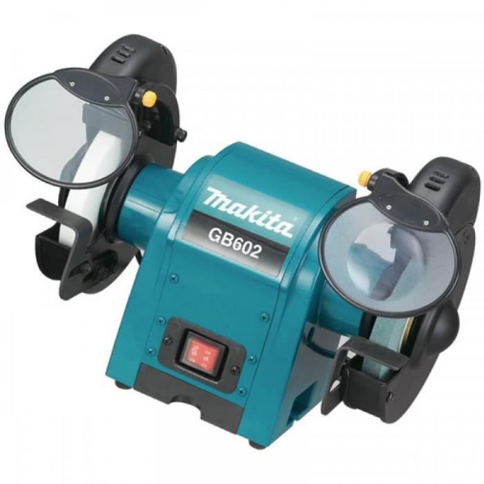 Makita dual-bevel bench grinder with a teal and black body, featuring two rotating grinding wheels and clear protective guards on a white background.