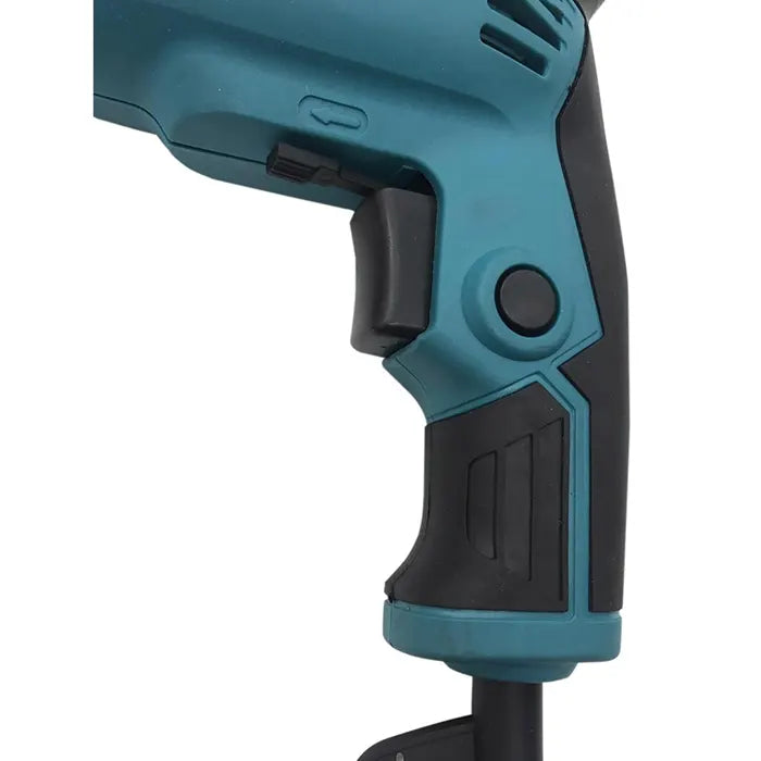 Close-up of a Makita drill machine in teal and black, showing the trigger, side buttons, and part of the motor housing against a white background.