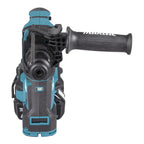 A Makita cordless drill press attachment with a black body and teal accents, featuring a black ergonomic handle, shown on a solid white background.