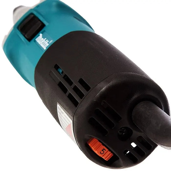 Makita Electric die grinder shown from lower angle showing a red slide button with the number 5 written on it