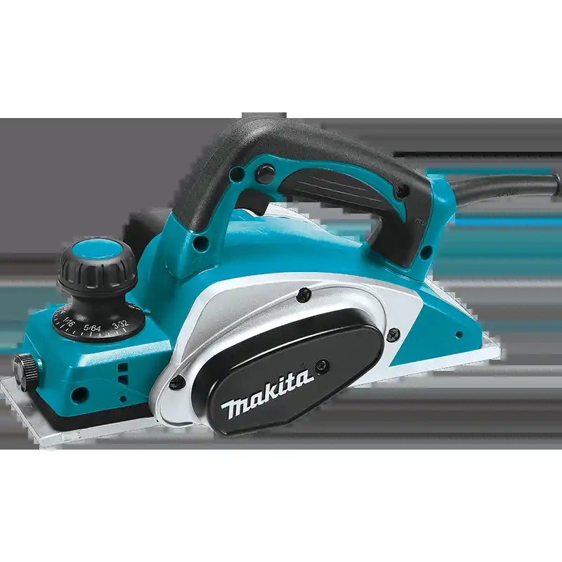 Makita cordless planer with a teal and black body, silver guard, and visible blade, shown on a blurred gray background.